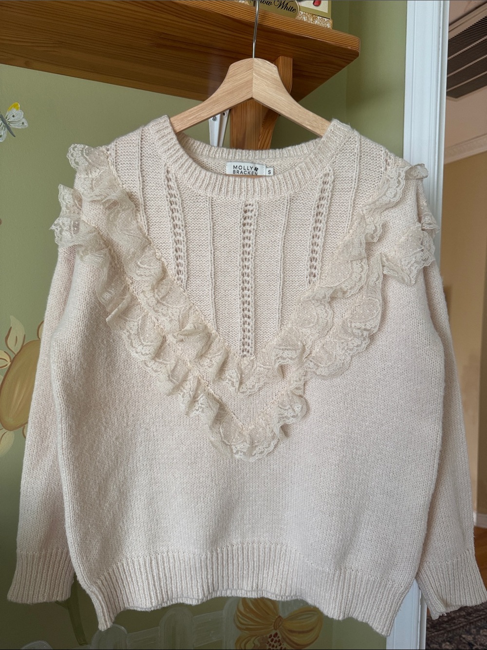 Cream Knit Sweater with Ruffled Lace